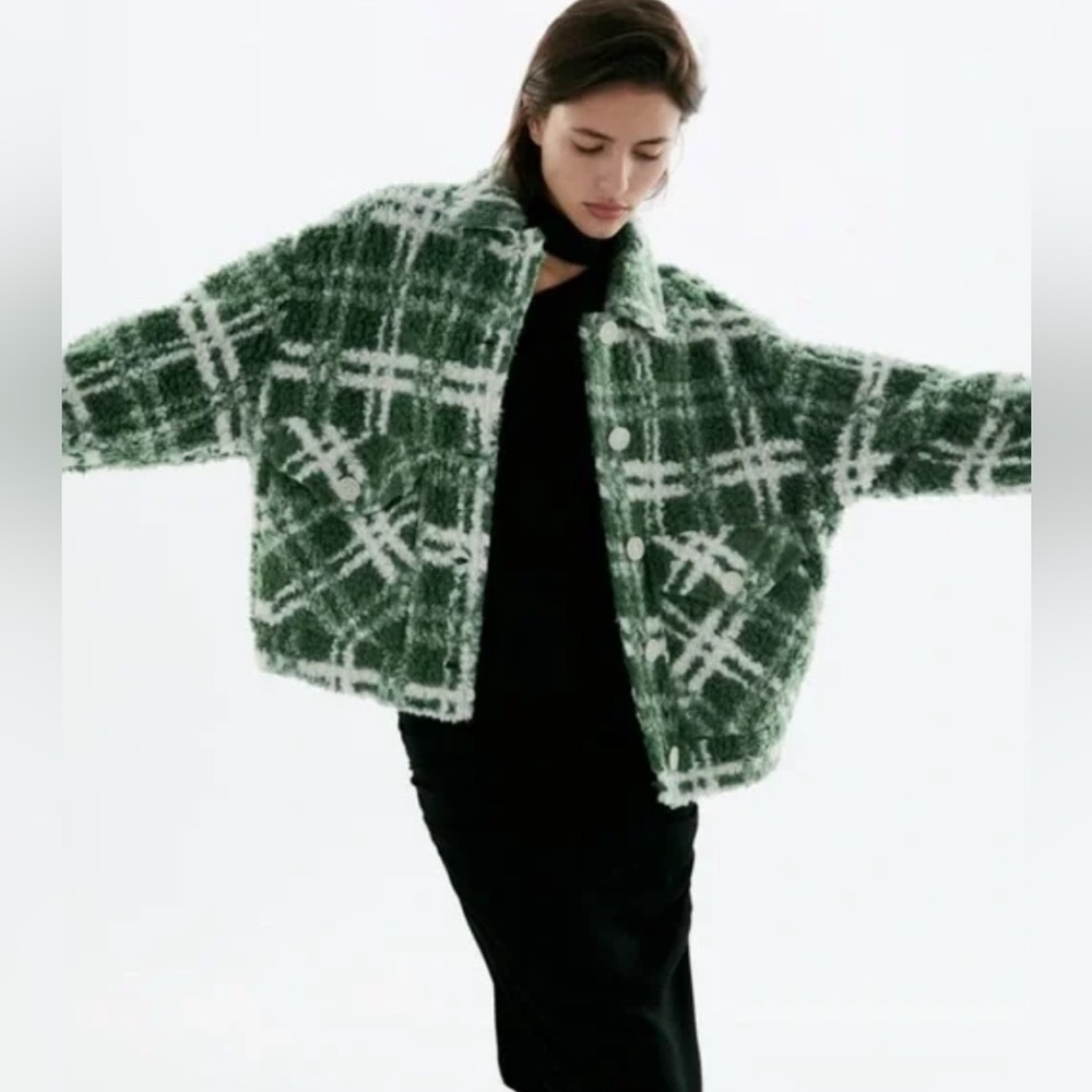 Zara green and white plaid fleece jacket